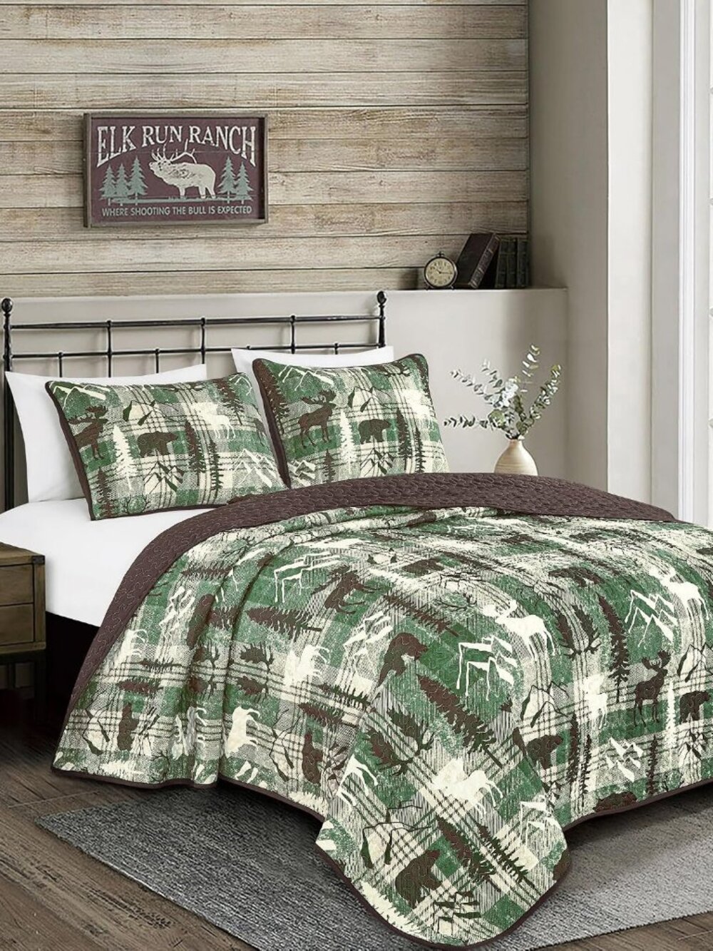 3-Pcs Rustic Cabin Bear Bedspread Quilt Set Green,King